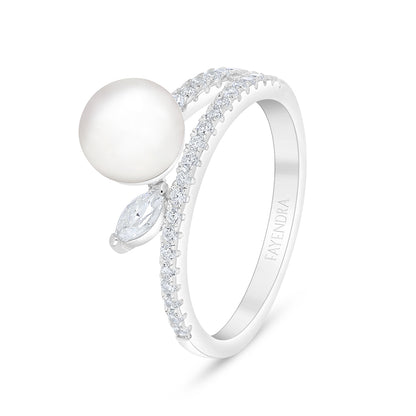 Sterling Silver 925 Ring Rhodium Plated Embedded With Natural White Pearl And White Zircon