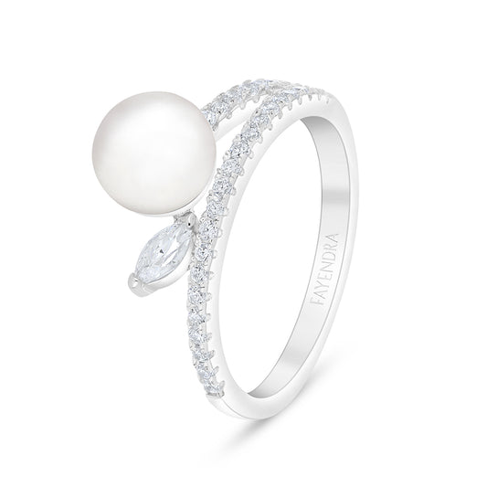 Sterling Silver 925 Ring Rhodium Plated Embedded With Natural White Pearl And White Zircon
