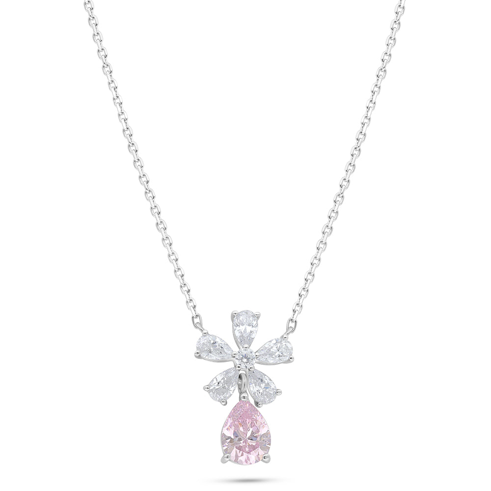 Sterling Silver 925 Necklace Rhodium Plated Embedded With Pink Zircon And White Zircon