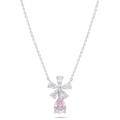 Sterling Silver 925 Necklace Rhodium Plated Embedded With Pink Zircon And White Zircon