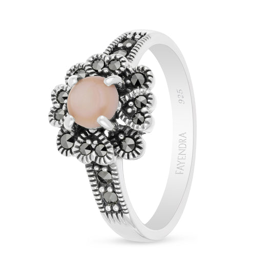 Sterling Silver 925 Ring Embedded With Natural Pink Shell And Marcasite Stones