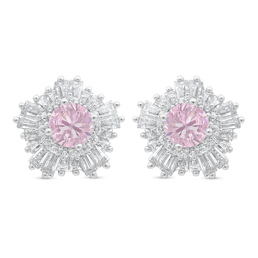Sterling Silver 925 Earring Rhodium Plated Embedded With Pink Zircon And White Zircon
