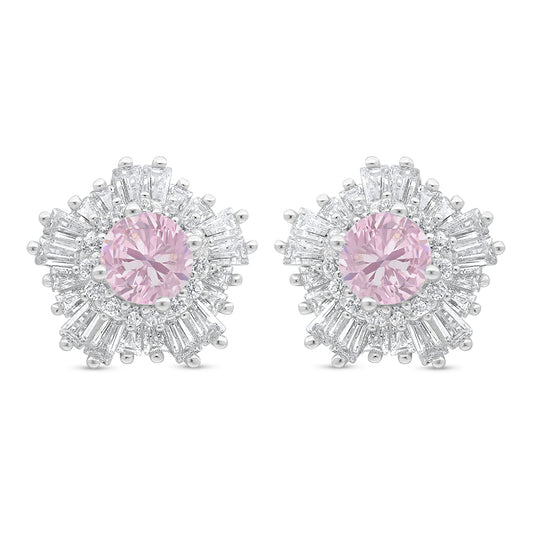 Sterling Silver 925 Earring Rhodium Plated Embedded With Pink Zircon And White Zircon