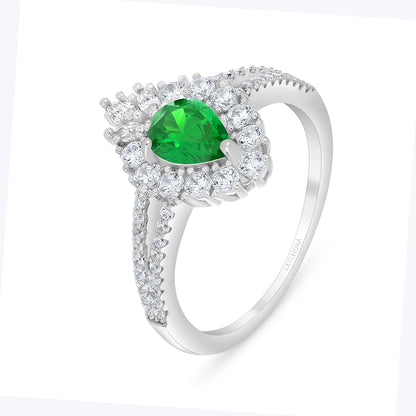 Sterling Silver 925 Ring Rhodium Plated Embedded With Emerald Zircon And White Zircon