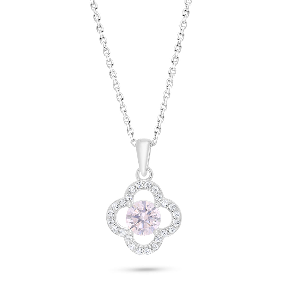 Sterling Silver 925 Necklace Rhodium Plated Embedded With pink Zircon And White Zircon
