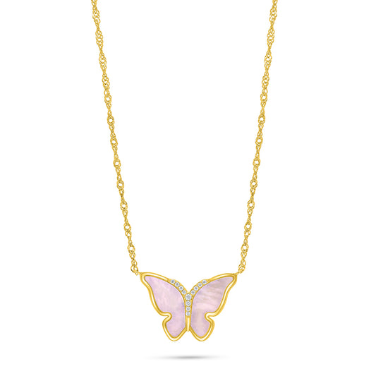 عقد من الفضة الخالصة عيار 925 مطلي ذهبي مرصع صدف وردي و فص ابيض