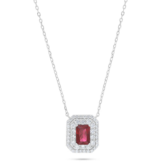 Sterling Silver 925 Necklace Rhodium Plated Embedded With Ruby Corundum And White Zircon