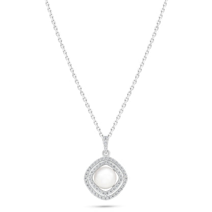 Sterling Silver 925 Necklace Rhodium Plated Embedded With Natural White Pearl And White Zircon