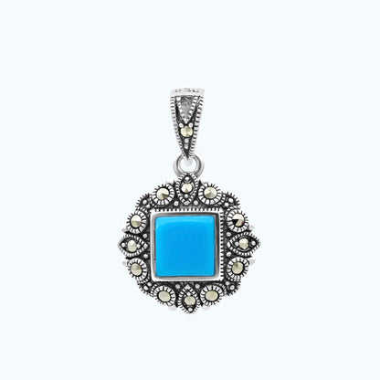 Sterling Silver 925 Pendant Embedded With Natural Processed Turquoise And Marcasite Stones