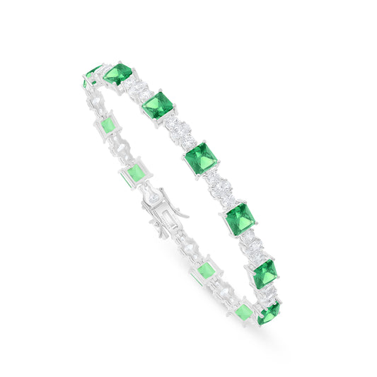 Sterling Silver 925 Bracelet Rhodium Plated Embedded With Emerald Zircon And White Zircon