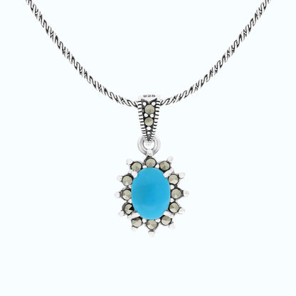 Sterling Silver 925 Pendant Embedded With Natural Processed Turquoise And Marcasite Stones