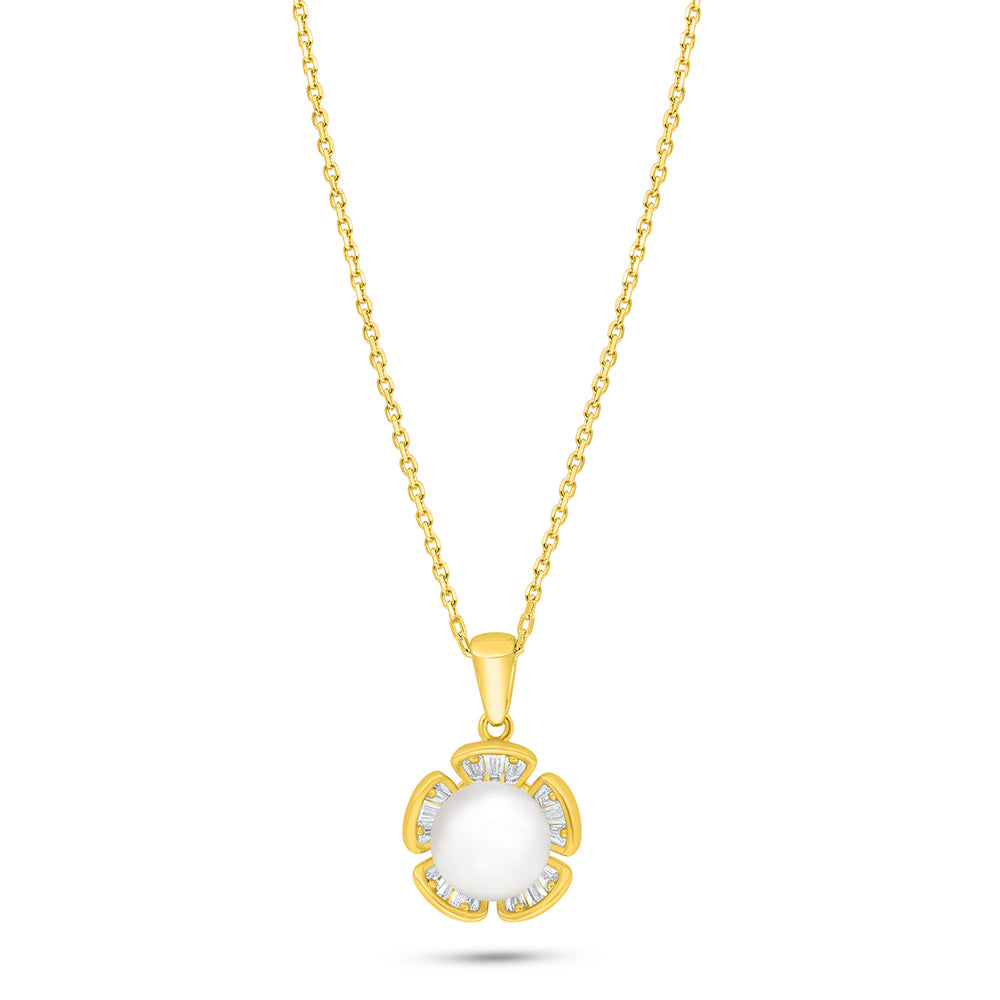Sterling Silver 925 Necklace Golden Plated Embedded With Natural White Pearl And White Zircon