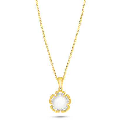 Sterling Silver 925 Necklace Golden Plated Embedded With Natural White Pearl And White Zircon
