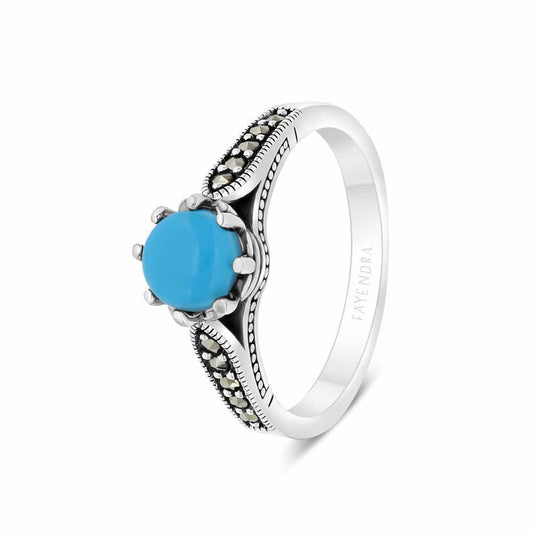 Sterling Silver 925 Ring Embedded With Natural Processed Turquoise And Marcasite Stones