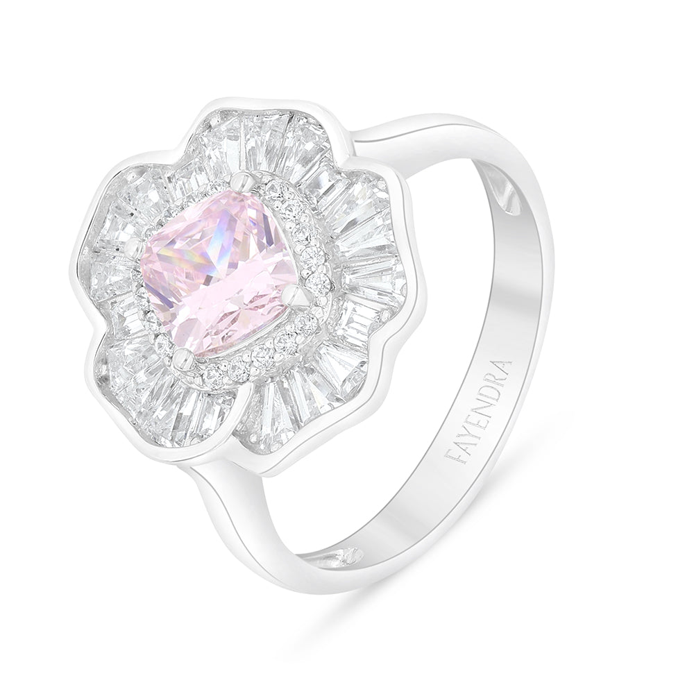 Sterling Silver 925 Ring Rhodium Plated Embedded With Pink Zircon And White Zircon