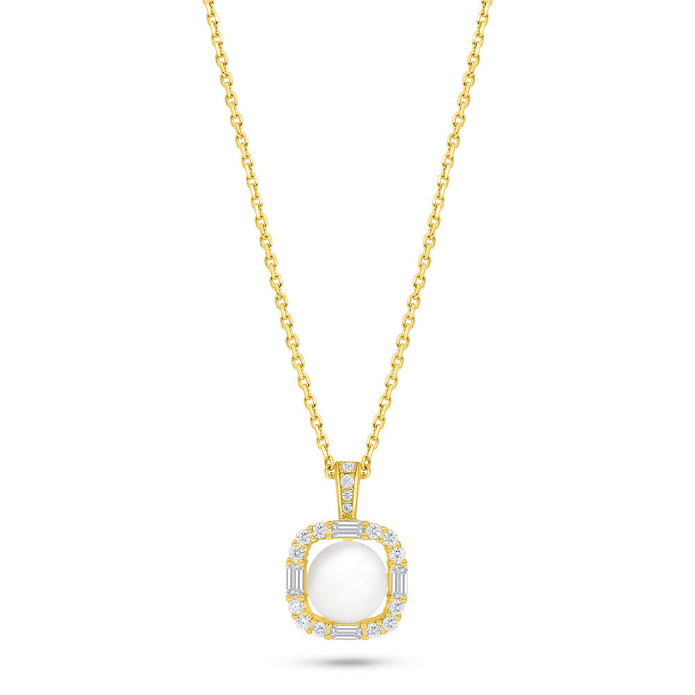 Sterling Silver 925 Necklace Golden Plated Embedded With Natural White Pearl And White Zircon