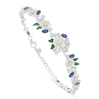 Sterling Silver 925 Bracelet Rhodium Plated Embedded With White Shell And Sapphire Corundum And White Zircon