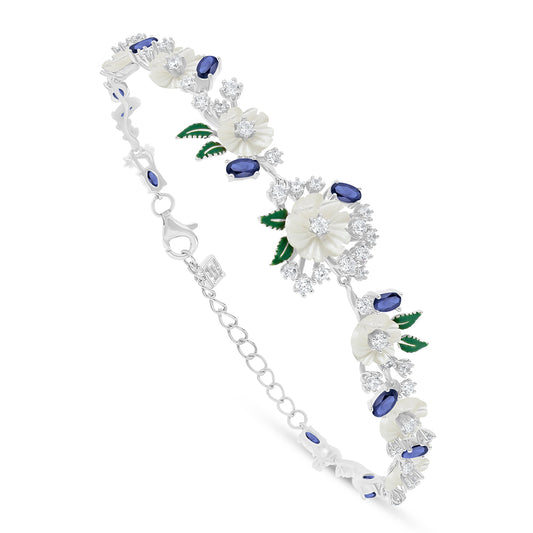 Sterling Silver 925 Bracelet Rhodium Plated Embedded With White Shell And Sapphire Corundum And White Zircon