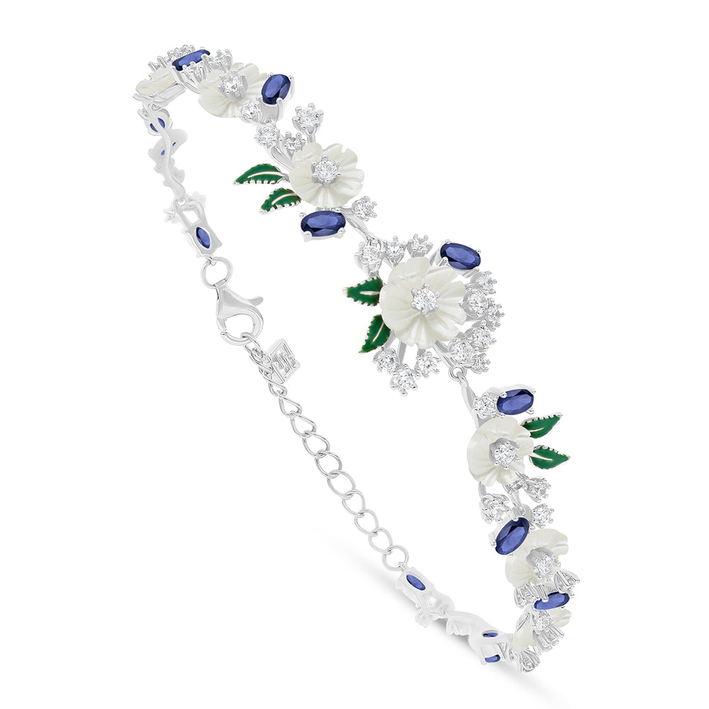 Sterling Silver 925 Bracelet Rhodium Plated Embedded With White Shell And Sapphire Corundum And White Zircon