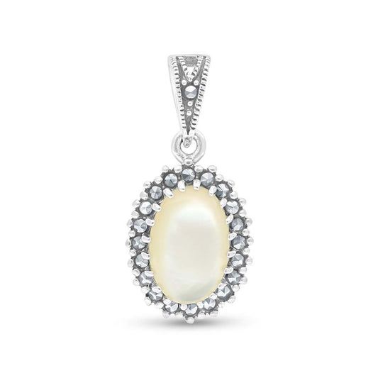 Sterling Silver 925 Pendant Embedded With Natural White Shell And Marcasite Stones