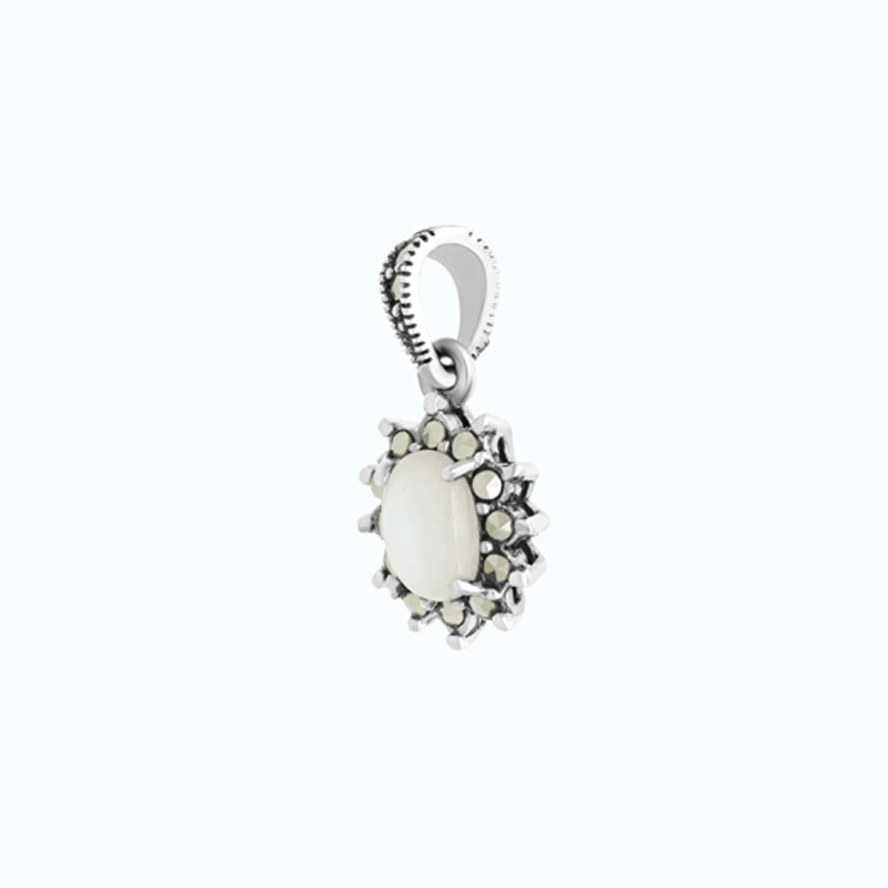 Sterling Silver 925 Pendant Embedded With Natural White Shell And Marcasite Stones