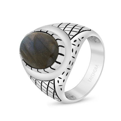 Sterling Silver 925 Ring Rhodium And Black Plated Embedded With Cabochon Labradorite For Men