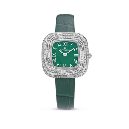 Stainless Steel 316 Watch Silver Color Green Leather Embedded With White Zircon - GREEN MOP DIAL