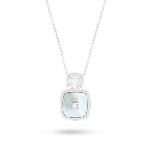Sterling Silver 925 Necklace Rhodium Plated Embedded With White Shell And White Zircon