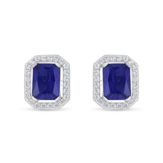 Sterling Silver 925 Earring Rhodium Plated Embedded With Sapphire Corundum And White Zircon
