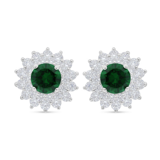 Sterling Silver 925 Earring Rhodium Plated Embedded With Emerald Zircon And White Zircon