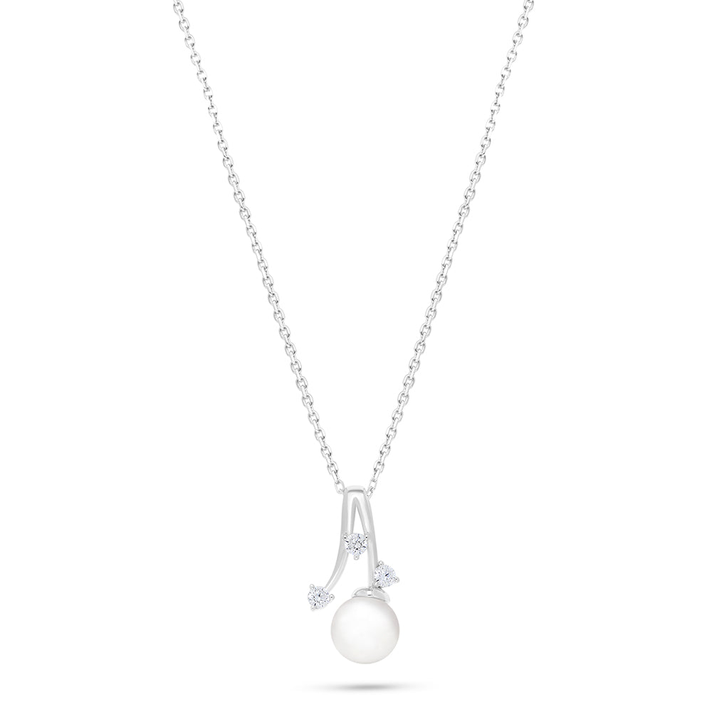 Sterling Silver 925 Necklace Rhodium Plated Embedded With Natural White Pearl And White Zircon