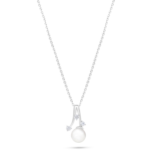 Sterling Silver 925 Necklace Rhodium Plated Embedded With Natural White Pearl And White Zircon