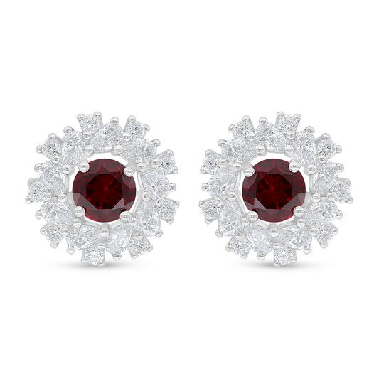 Sterling Silver 925 Earring Rhodium Plated Embedded With Ruby Corundum And White Zircon