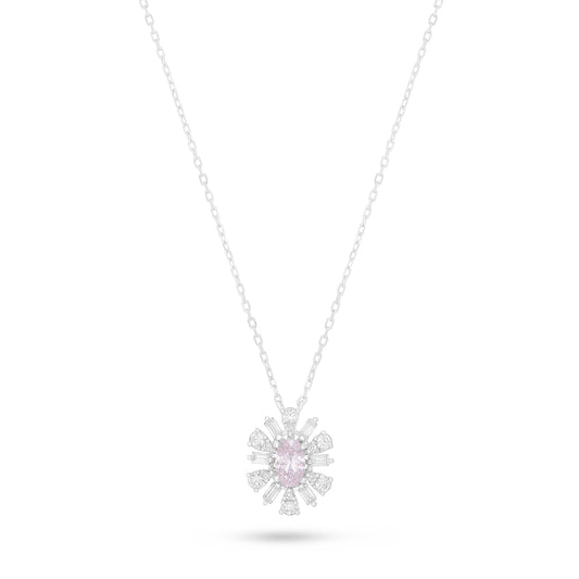 Sterling Silver 925 Necklace Rhodium Plated Embedded With Pink Zircon And White Zircon