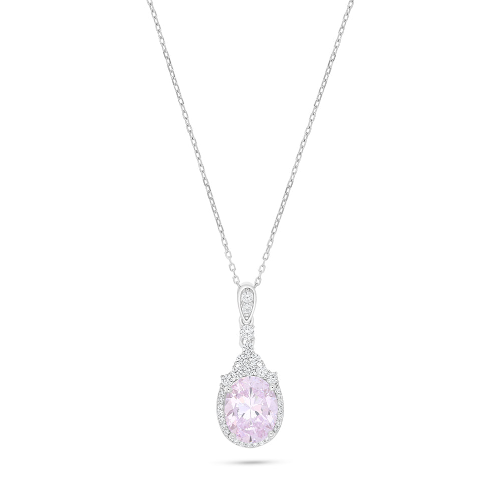 Sterling Silver 925 Necklace Rhodium Plated Embedded With Pink Zircon And White Zircon