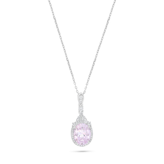Sterling Silver 925 Necklace Rhodium Plated Embedded With Pink Zircon And White Zircon