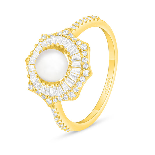 Sterling Silver 925 Ring Golden Plated Embedded With Natural White Pearl And White Zircon