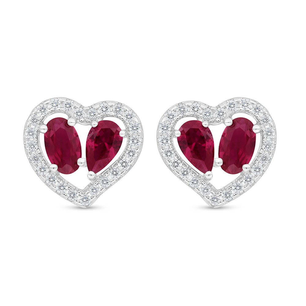Sterling Silver 925 Earring Rhodium Plated Embedded With Ruby Corundum And White Zircon