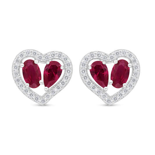 Sterling Silver 925 Earring Rhodium Plated Embedded With Ruby Corundum And White Zircon