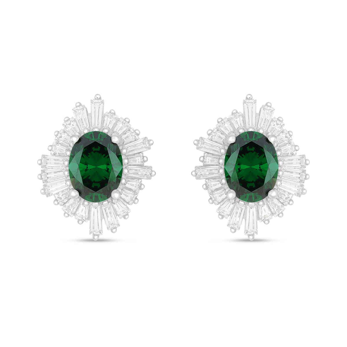 Sterling Silver 925 Earring Rhodium Plated Embedded With Emerald Zircon And White Zircon