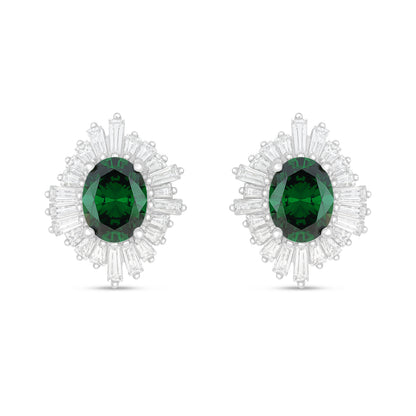 Sterling Silver 925 Earring Rhodium Plated Embedded With Emerald Zircon And White Zircon