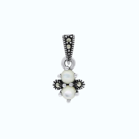 Sterling Silver 925 Pendant Embedded With Natural White Shell And Marcasite Stones