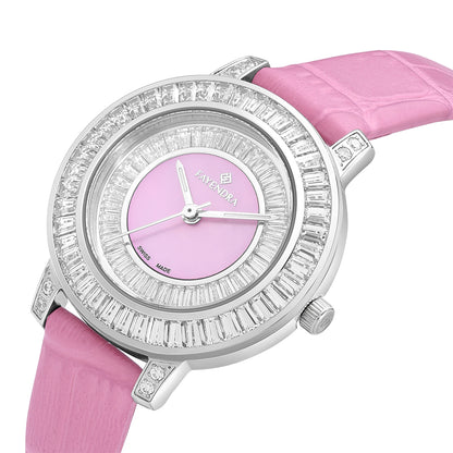 Stainless Steel 316L Watch Silver Color Pink Leather Embedded With White Zircon - PINK MOP DIAL