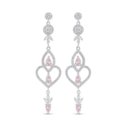 Sterling Silver 925 Earring Rhodium Plated Embedded With Pink Zircon And White Zircon
