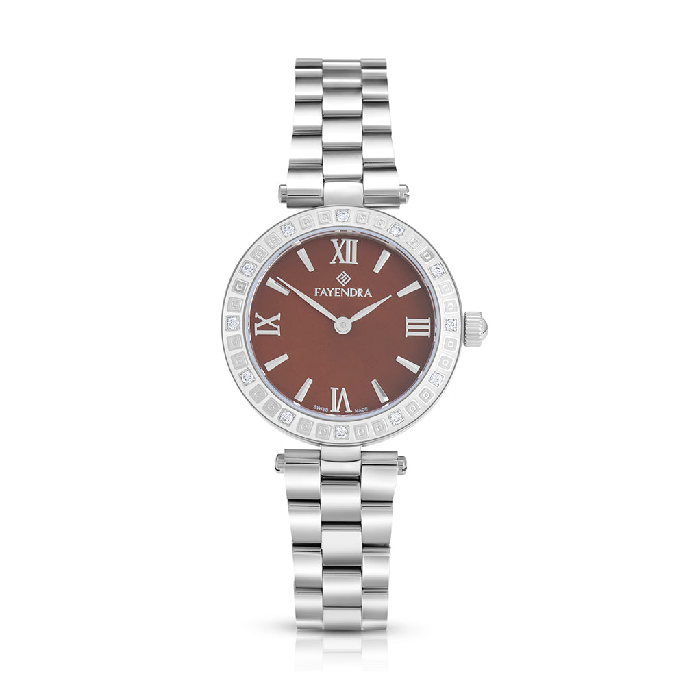 ساعة ستانلس ستيل عيار L316 بلون فضي و فص ابيض - مينا حجر صدف ام اللالئ البني