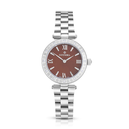 ساعة ستانلس ستيل عيار L316 بلون فضي و فص ابيض - مينا حجر صدف ام اللالئ البني