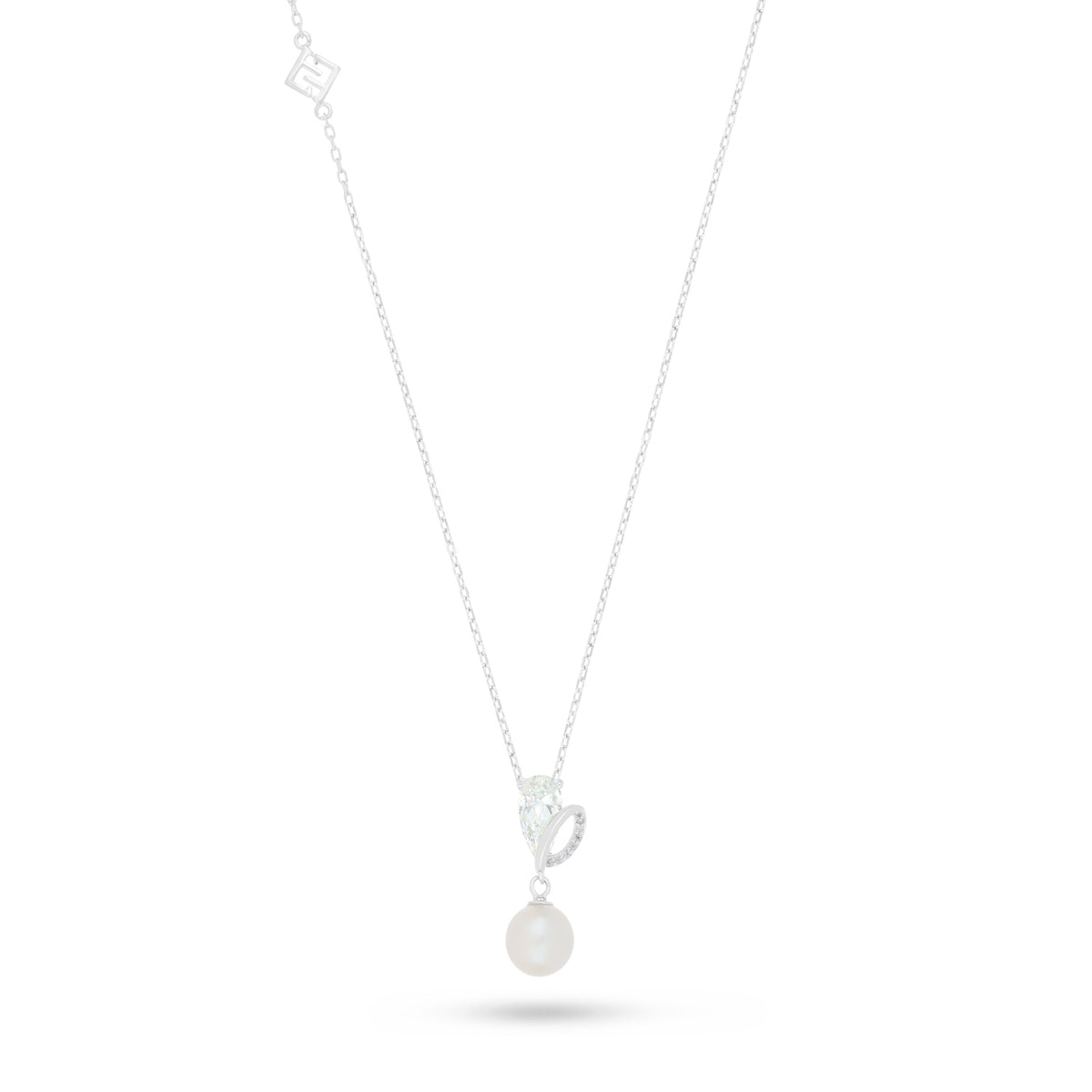 Sterling Silver 925 Necklace Rhodium Plated Embedded With Natural White Pearl,Diamond Zircon And White Zircon