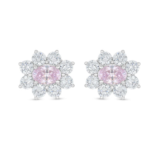 Sterling Silver 925 Earring Rhodium Plated Embedded With Pink Zircon And White Zircon