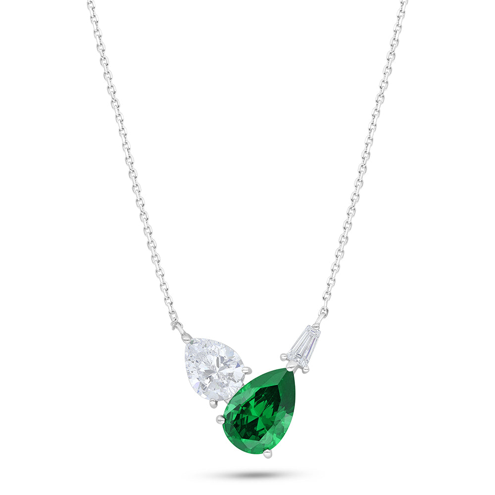 Sterling Silver 925 Necklace Rhodium Plated Embedded With Emerald Zircon And White Zircon