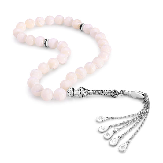 White Shell Stones Rosary 33 Bead 10 mm With Stainless Steel 316L Set (Silver & Black Plated)